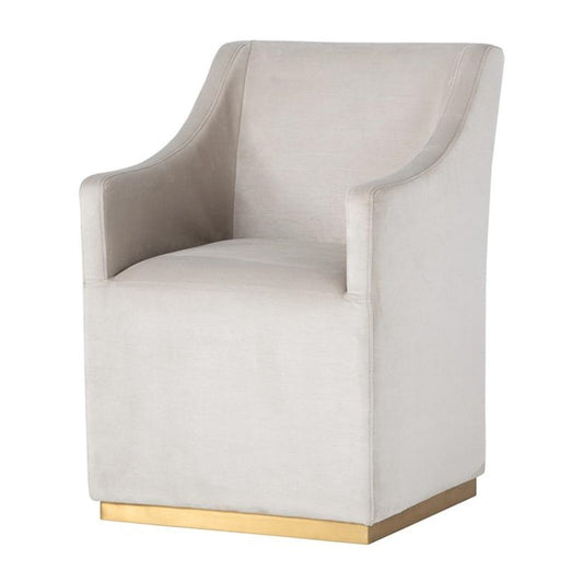 Beige Fabric & Brushed Brass Accents Wheeled Dining Chair Armchair