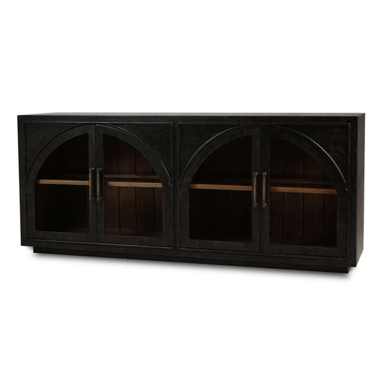 Black Arched Glass 4 Door Sideboard Credeza Cabinet Solid Wood 78 inch