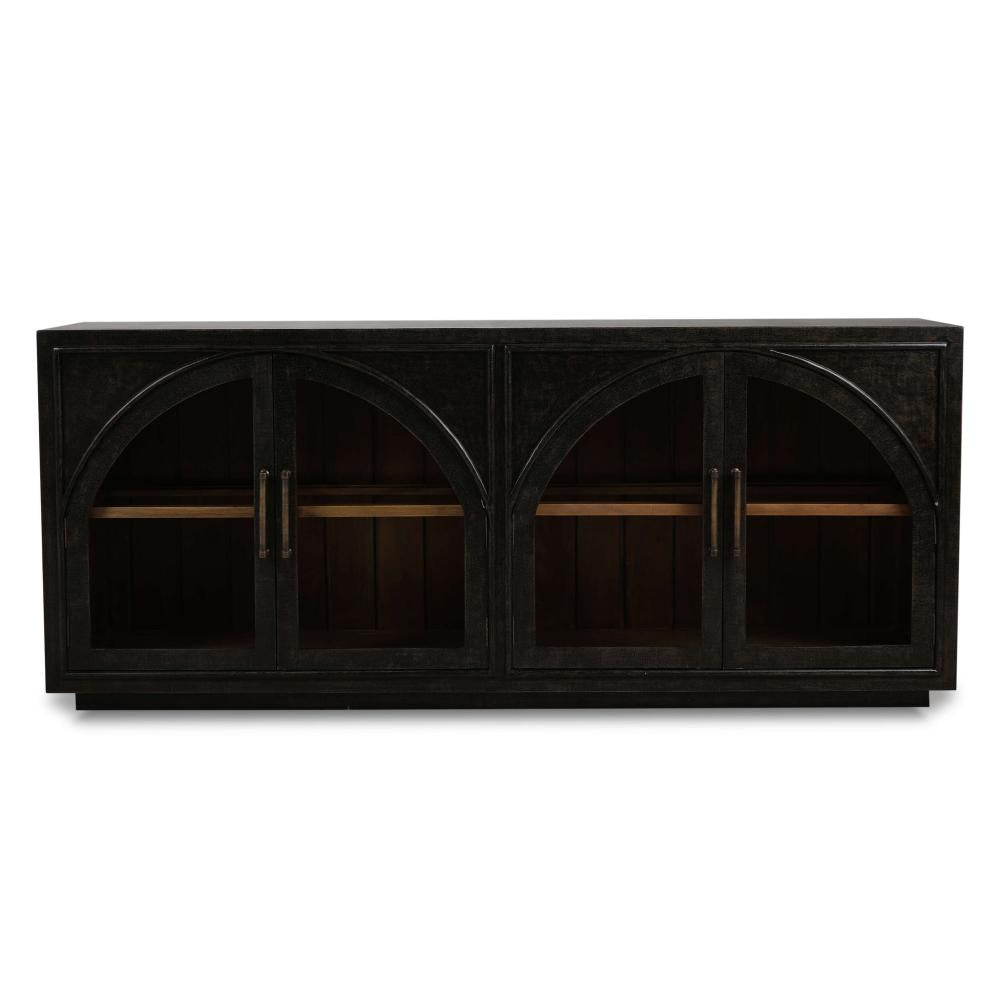 Black Arched Glass 4 Door Sideboard Credeza Cabinet Solid Wood 78 inch ...