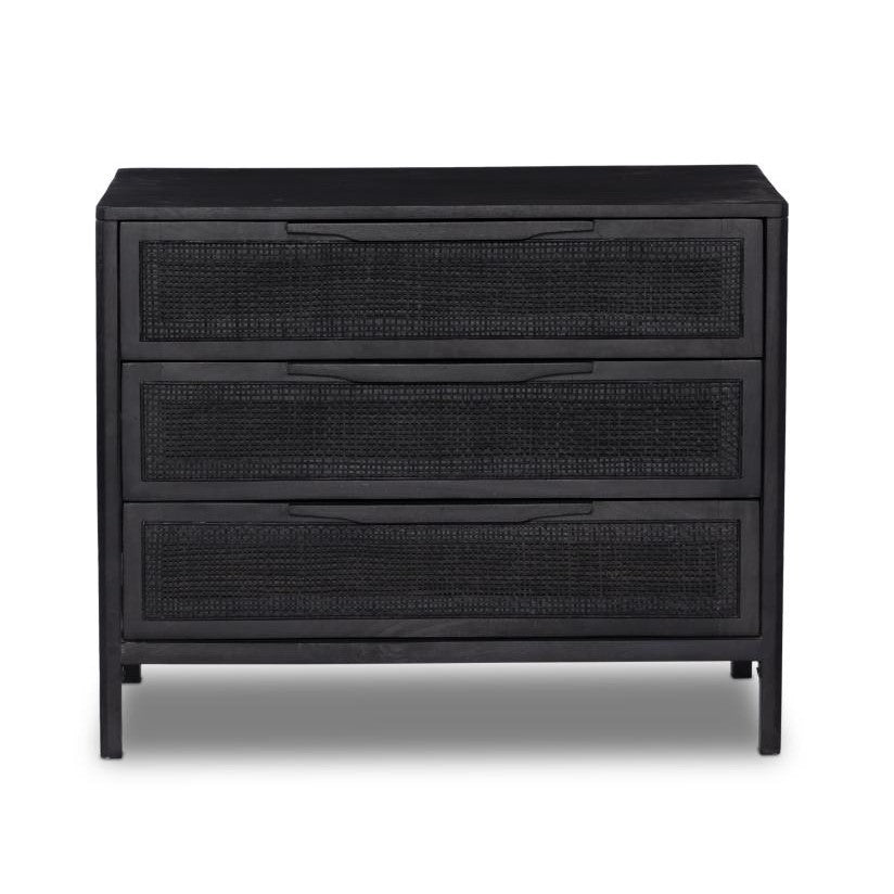 Black Cane Front 3 Drawer Mango Wood Nightstand 32 inch
