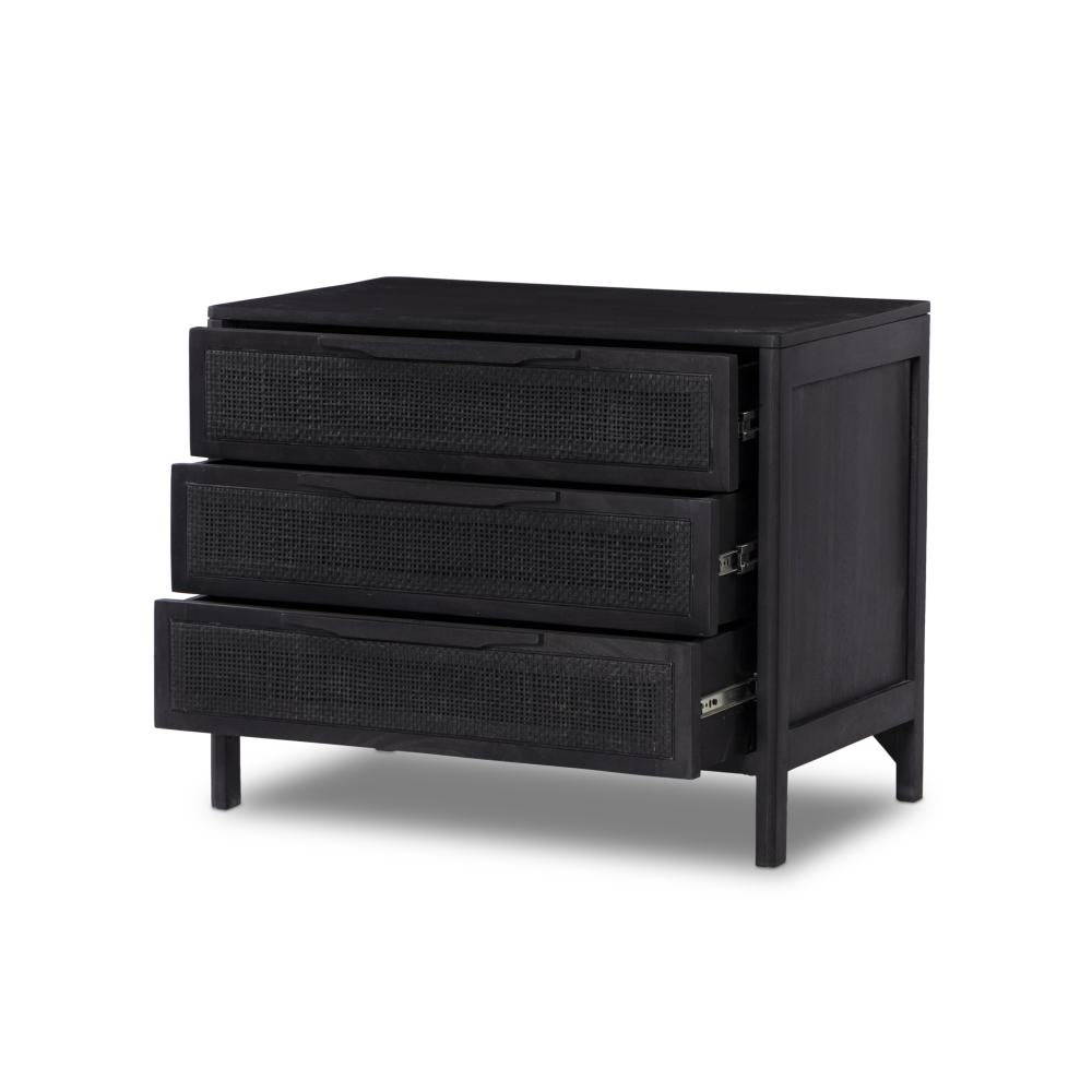 Black Cane Front 3 Drawer Mango Wood Nightstand 32 inch