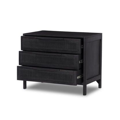 Black Cane Front 3 Drawer Mango Wood Nightstand 32 inch