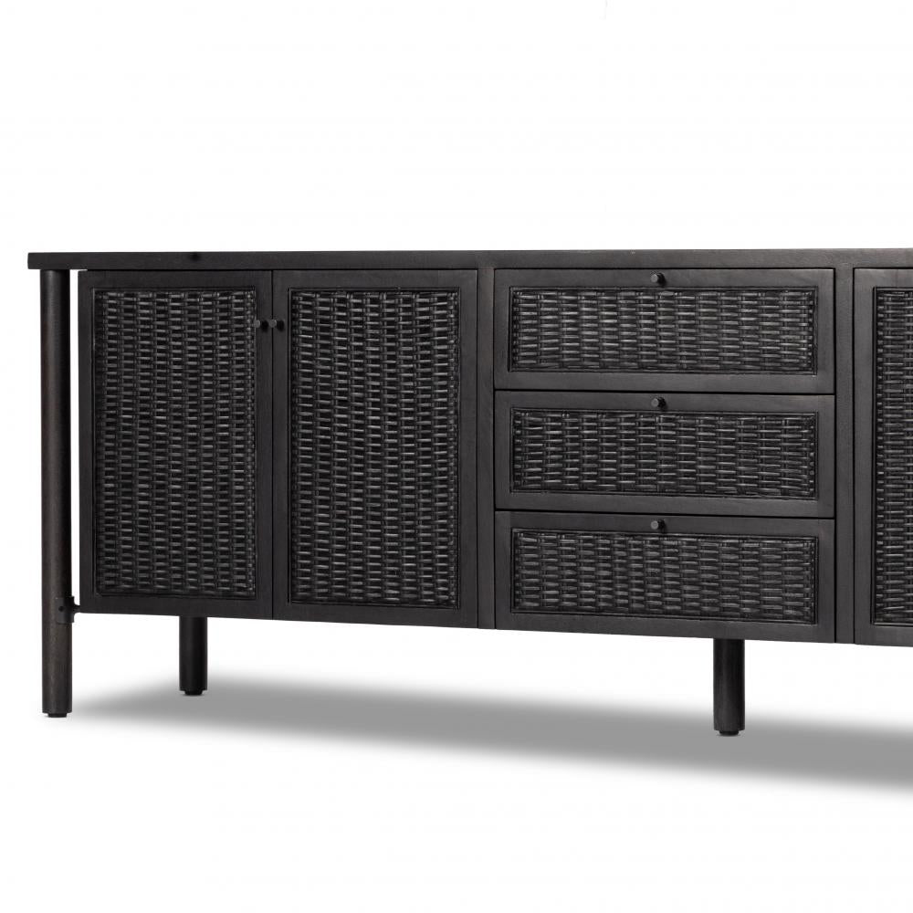 Black Cane & Solid Mango Wood Media Console Storage Cabinet 82 inch