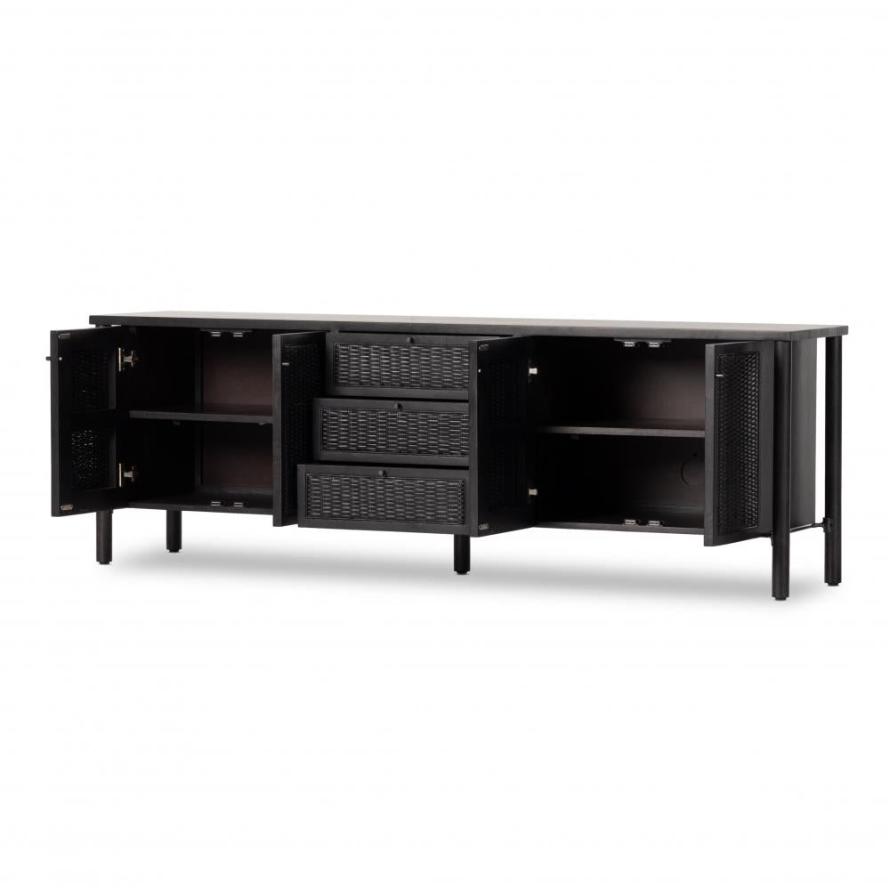 Black Cane & Solid Mango Wood Media Console Storage Cabinet 82 inch