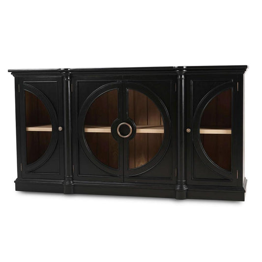 Black Circular Glass 4 Door Sideboard Credeza Cabinet Solid Mahogany Wood 77 inch