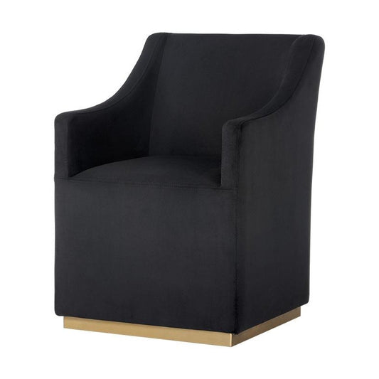 Black Fabric & Brushed Brass Accents Wheeled Dining Chair Armchair