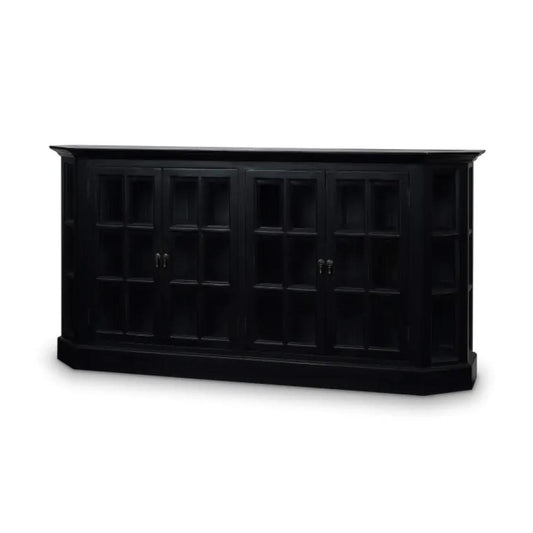 Black Glass 4 Door Sideboard Credeza Cabinet Solid Mahogany Wood 72 inch