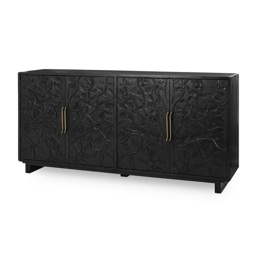 Black Hand Carved Vines Mango Wood Sideboard Buffet Cabinet 78 inch