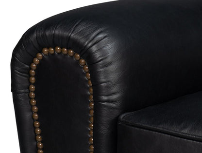 Black Leather French Club Swivel Chair with Brass Nailheads