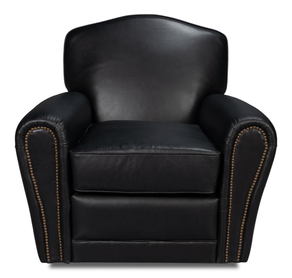 Black Leather French Club Swivel Chair with Brass Nailheads