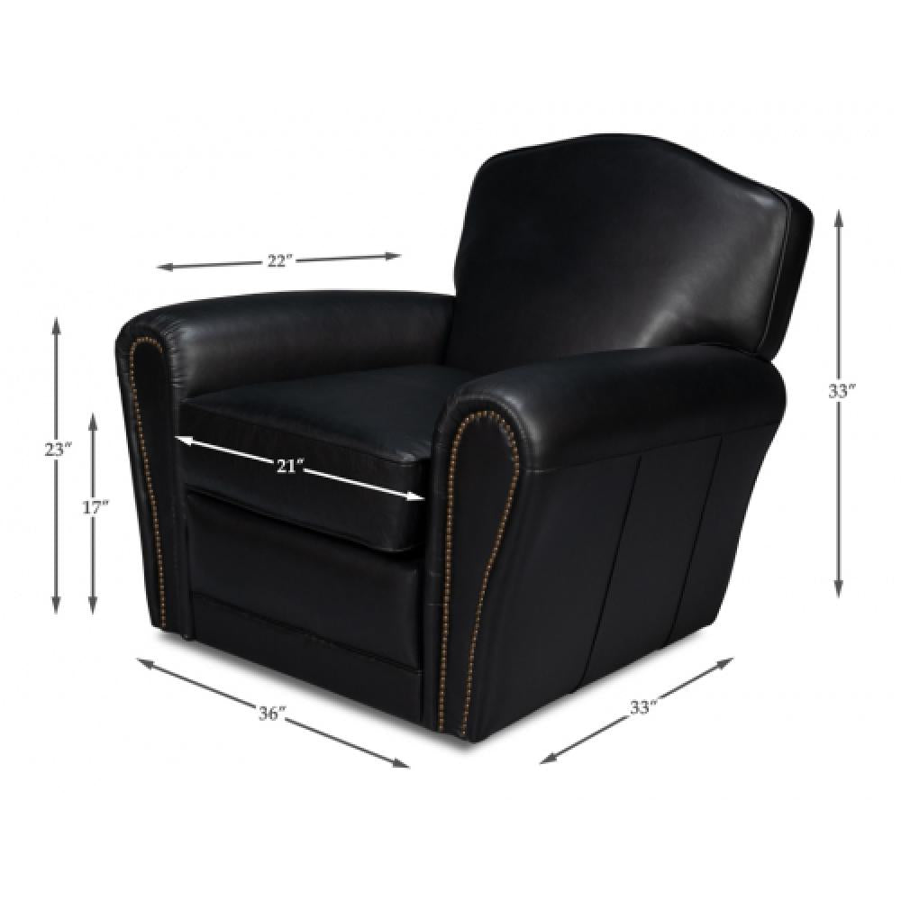 Black Leather French Club Swivel Chair with Brass Nailheads