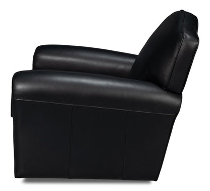 Black Leather French Club Swivel Chair with Brass Nailheads