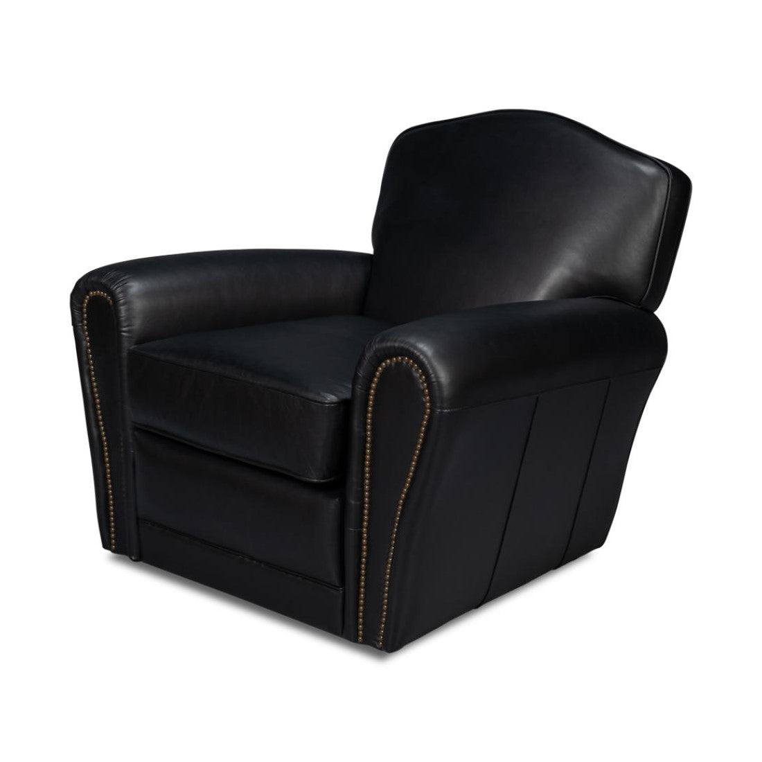 Black Leather French Club Swivel Chair with Brass Nailheads