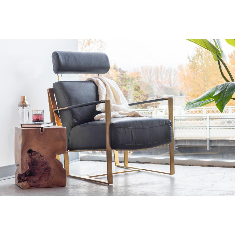 Black Leather & Gold Metal Frame Lounge Chair Armchair