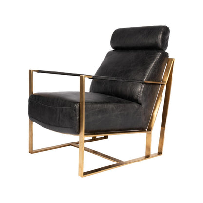 Black Leather & Gold Metal Frame Lounge Chair Armchair