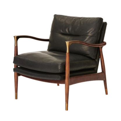 Black Leather Midcentury Style Lounge Chair Armchair Birch Wood Frame Brass Accents