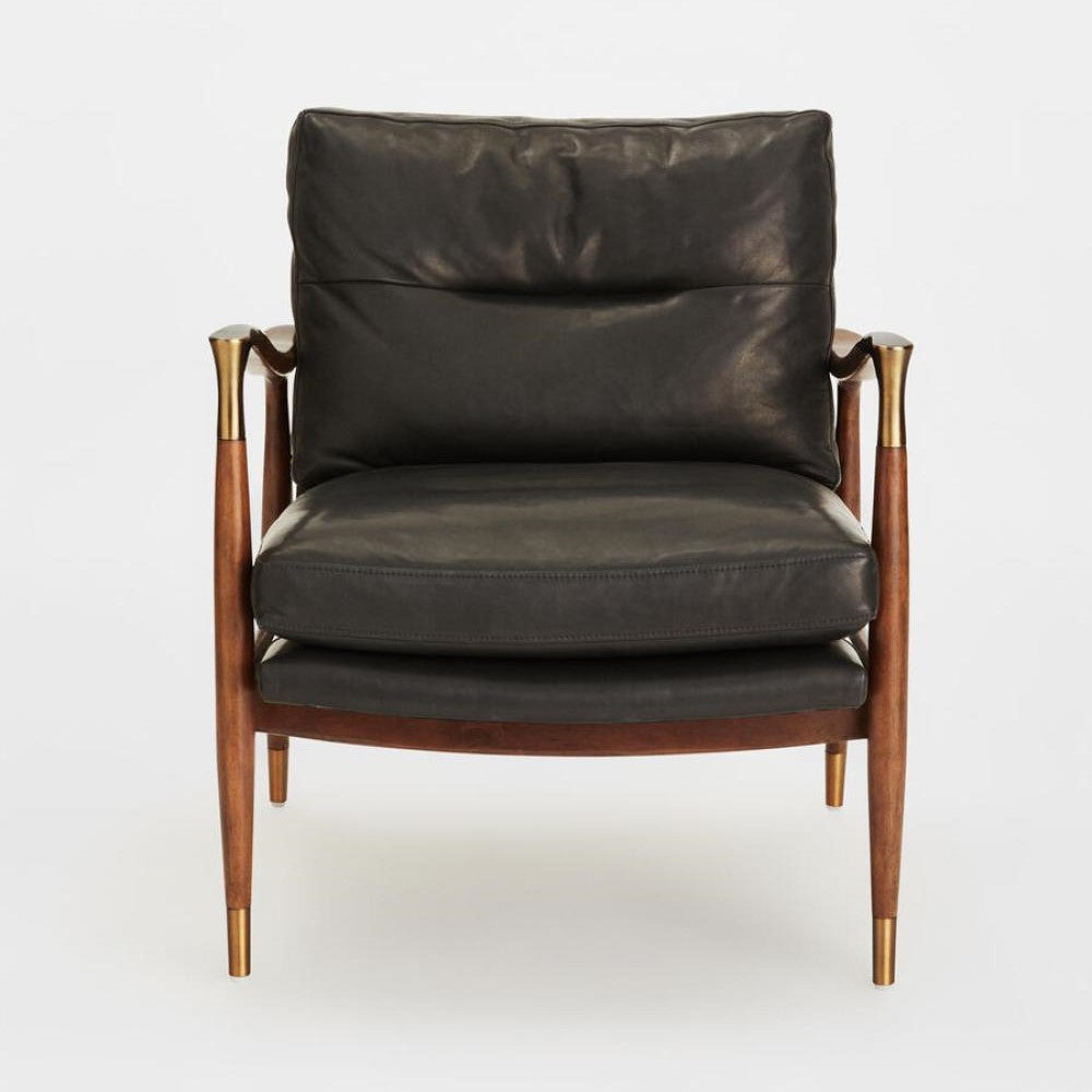 Black Leather Midcentury Style Lounge Chair Armchair Birch Wood Frame Brass Accents