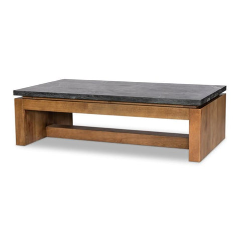 Black Marble & Solid Oak Wood Rectangle Coffee Table 55 inch