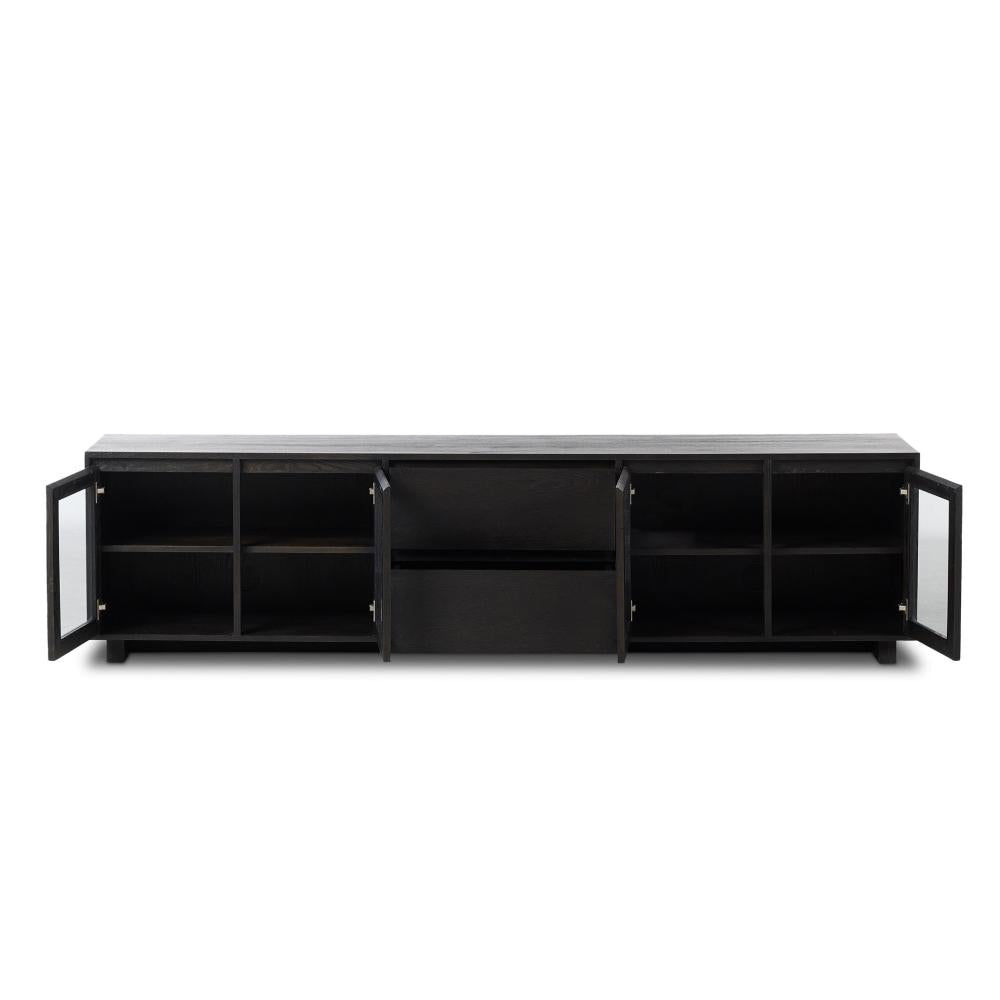 Black Oak Wood Low Profile Media Console Storage Cabinet TV Stand 92 inch