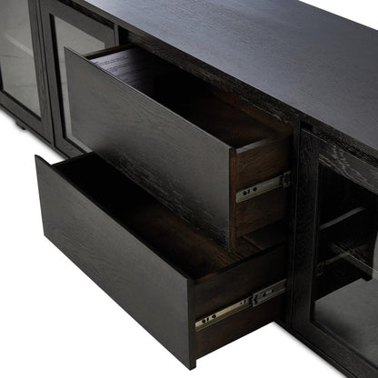 Black Oak Wood Low Profile Media Console Storage Cabinet TV Stand 92 inch