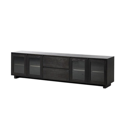 Black Oak Wood Low Profile Media Console Storage Cabinet TV Stand 92 inch