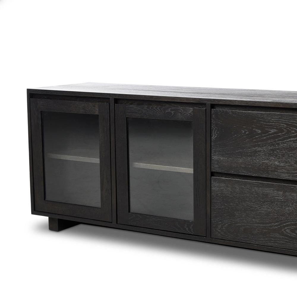 Black Oak Wood Low Profile Media Console Storage Cabinet TV Stand 92 inch