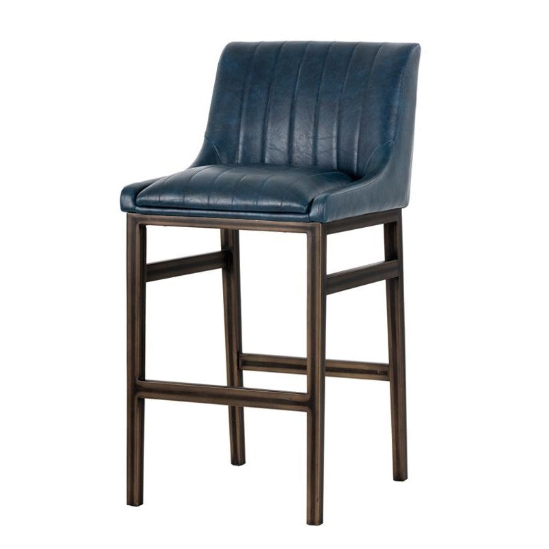 Blue Faux Leather Channel Tufted Tavern Bar Stool Bronze Metal Frame