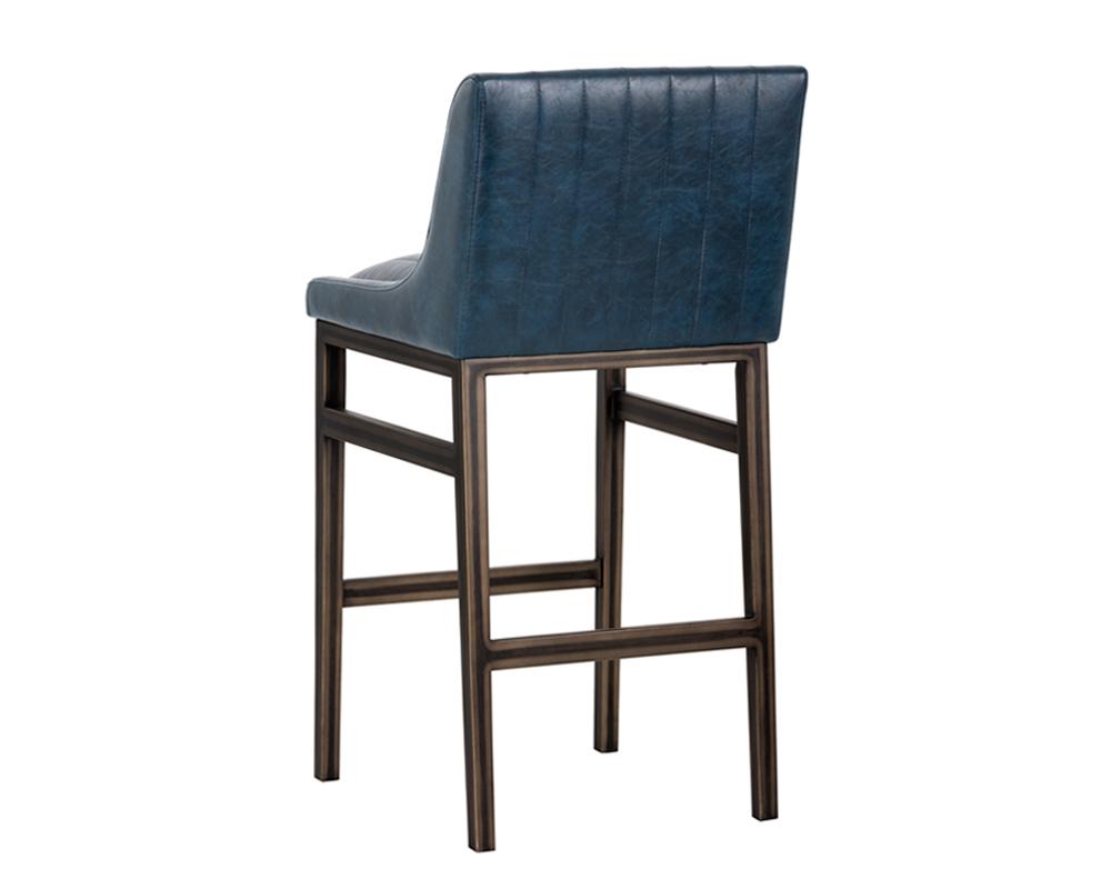 Blue Faux Leather Channel Tufted Tavern Bar Stool Bronze Metal Frame