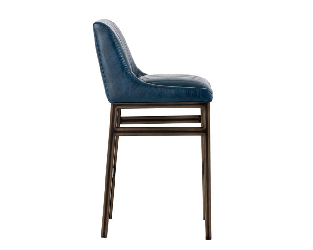 Blue Faux Leather Channel Tufted Tavern Bar Stool Bronze Metal Frame