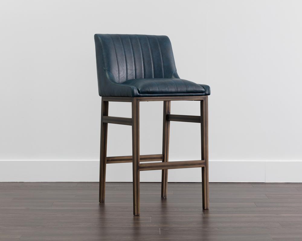 Blue Faux Leather Channel Tufted Tavern Bar Stool Bronze Metal Frame