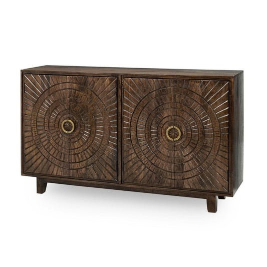 Boho Brown Carved Sunburst Mango Wood Sideboard Buffet Cabinet 65 inch