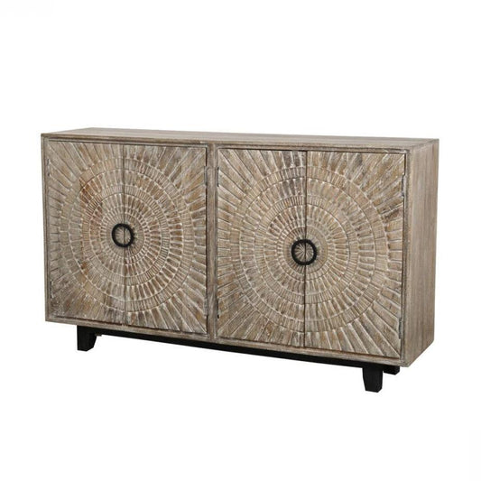 Boho Carved Sunburst Distressed Solid Mango Wood Sideboard Buffet Cabinet 65 inch