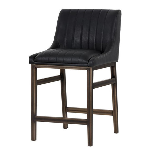 Bronze Metal & Black Faux Leather Channel Tufted Counter Height Bar Stool