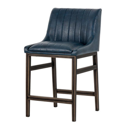 Bronze Metal & Blue Faux Leather Channel Tufted Counter Height Bar Stool