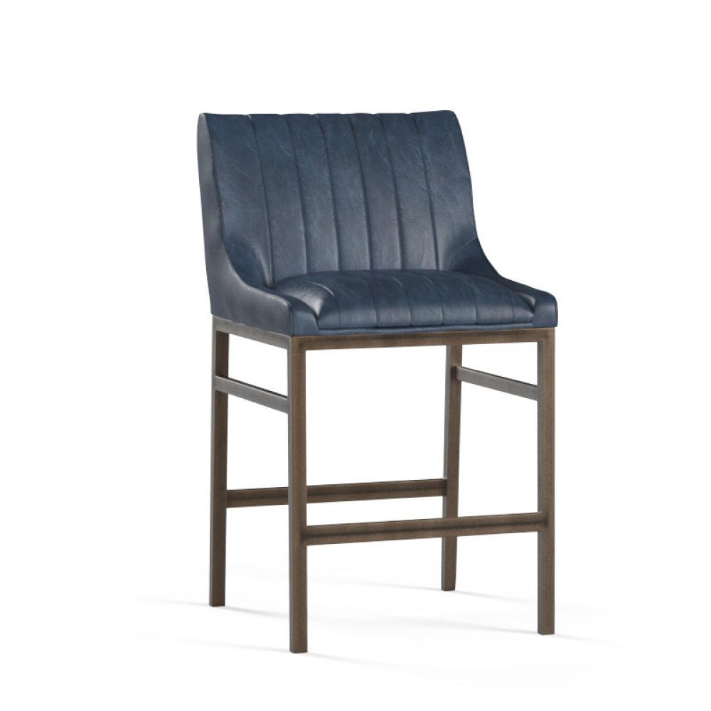 Bronze Metal & Blue Faux Leather Channel Tufted Counter Height Bar Stool