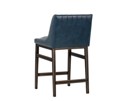 Bronze Metal & Blue Faux Leather Channel Tufted Counter Height Bar Stool