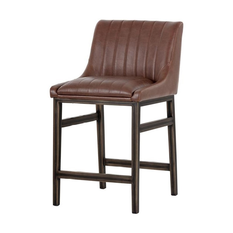 Bronze Metal & Cognac Brown Faux Leather Channel Tufted Counter Height Bar Stool