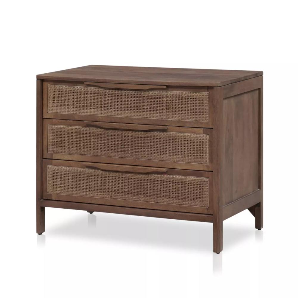 Brown Cane Front 3 Drawer Mango Wood Nightstand 32 inch