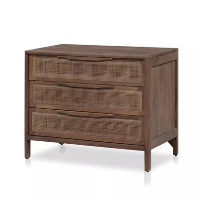 Brown Cane Front 3 Drawer Mango Wood Nightstand 32 inch