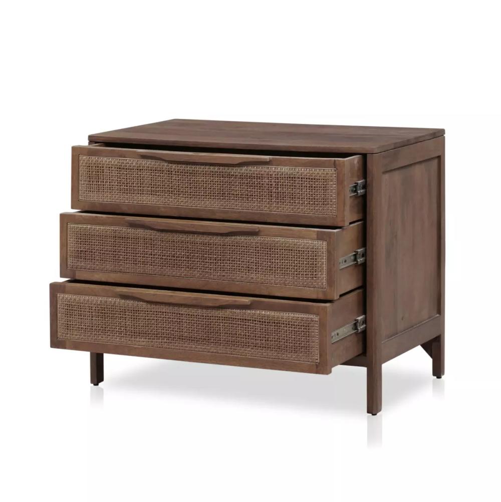 Brown Cane Front 3 Drawer Mango Wood Nightstand 32 inch