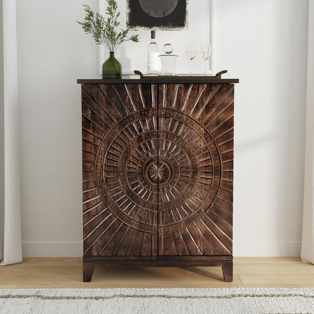 Brown Carved Starburst Solid Mango Wood Bar Cabinet with Wine Storage 36 inch