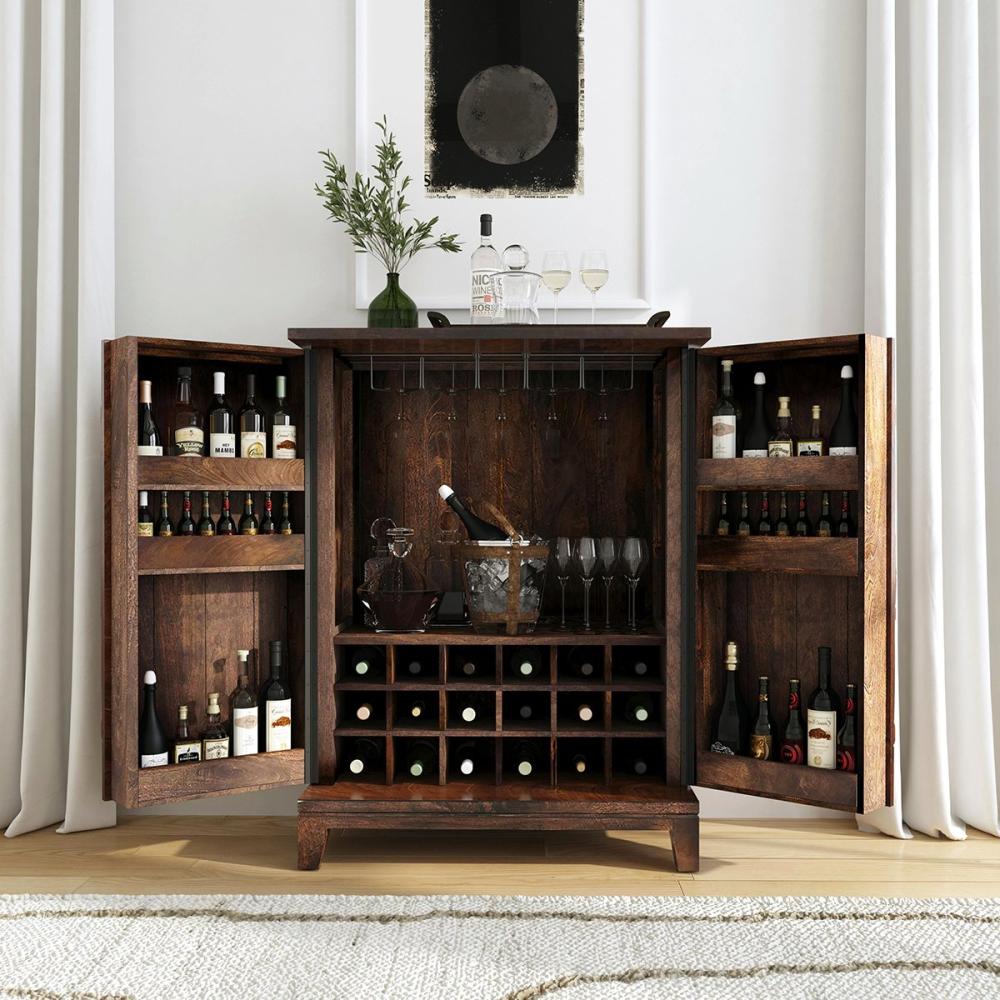 Brown Carved Starburst Solid Mango Wood Bar Cabinet with Wine Storage 36 inch