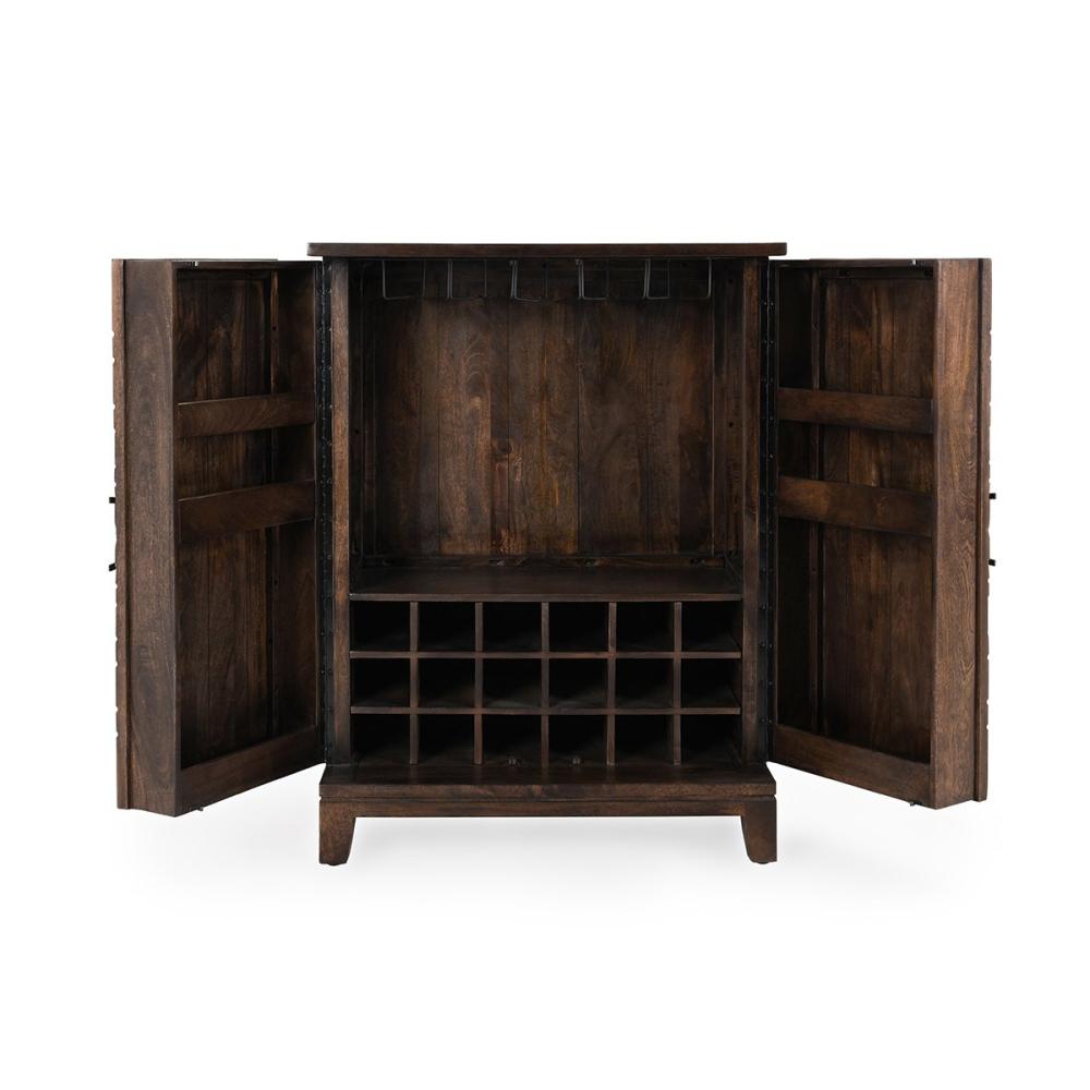 Brown Carved Starburst Solid Mango Wood Bar Cabinet with Wine Storage 36 inch