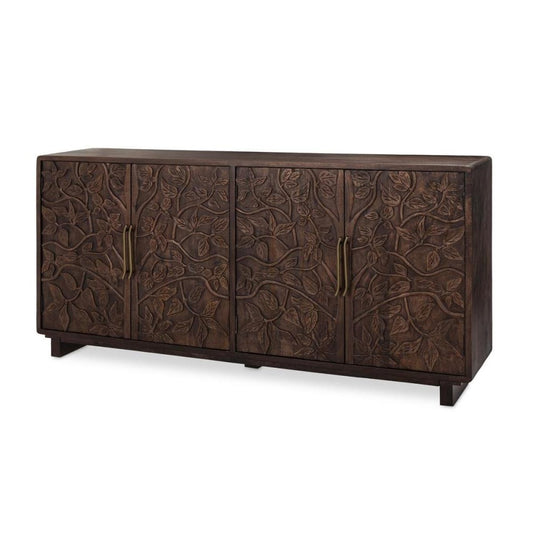 Brown Hand Carved Vines Mango Wood Sideboard Buffet Cabinet 78 inch