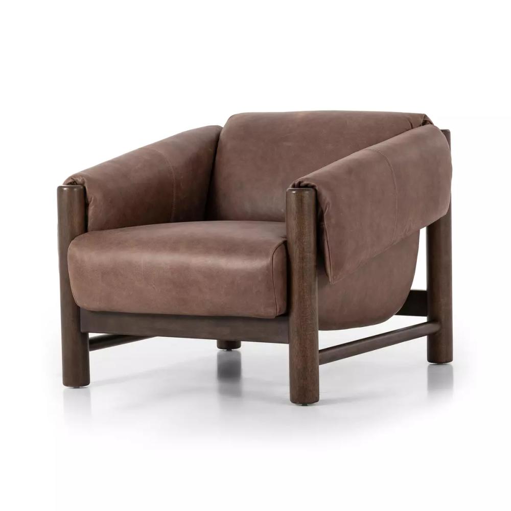 Brown Leather Cushion Wrapped Arms Lounge Chair Exposed Wood Frame Armchair