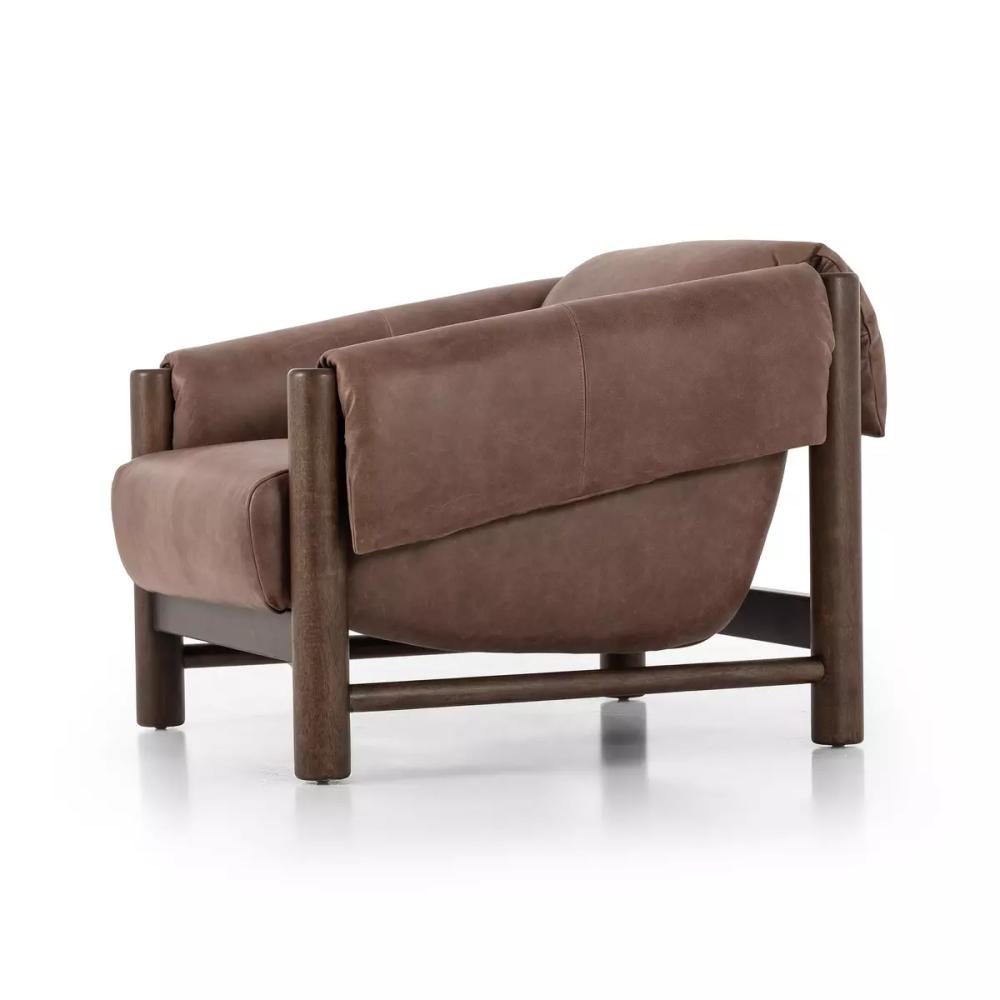 Brown Leather Cushion Wrapped Arms Lounge Chair Exposed Wood Frame Armchair