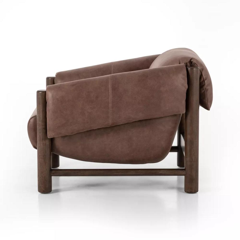 Brown Leather Cushion Wrapped Arms Lounge Chair Exposed Wood Frame Armchair