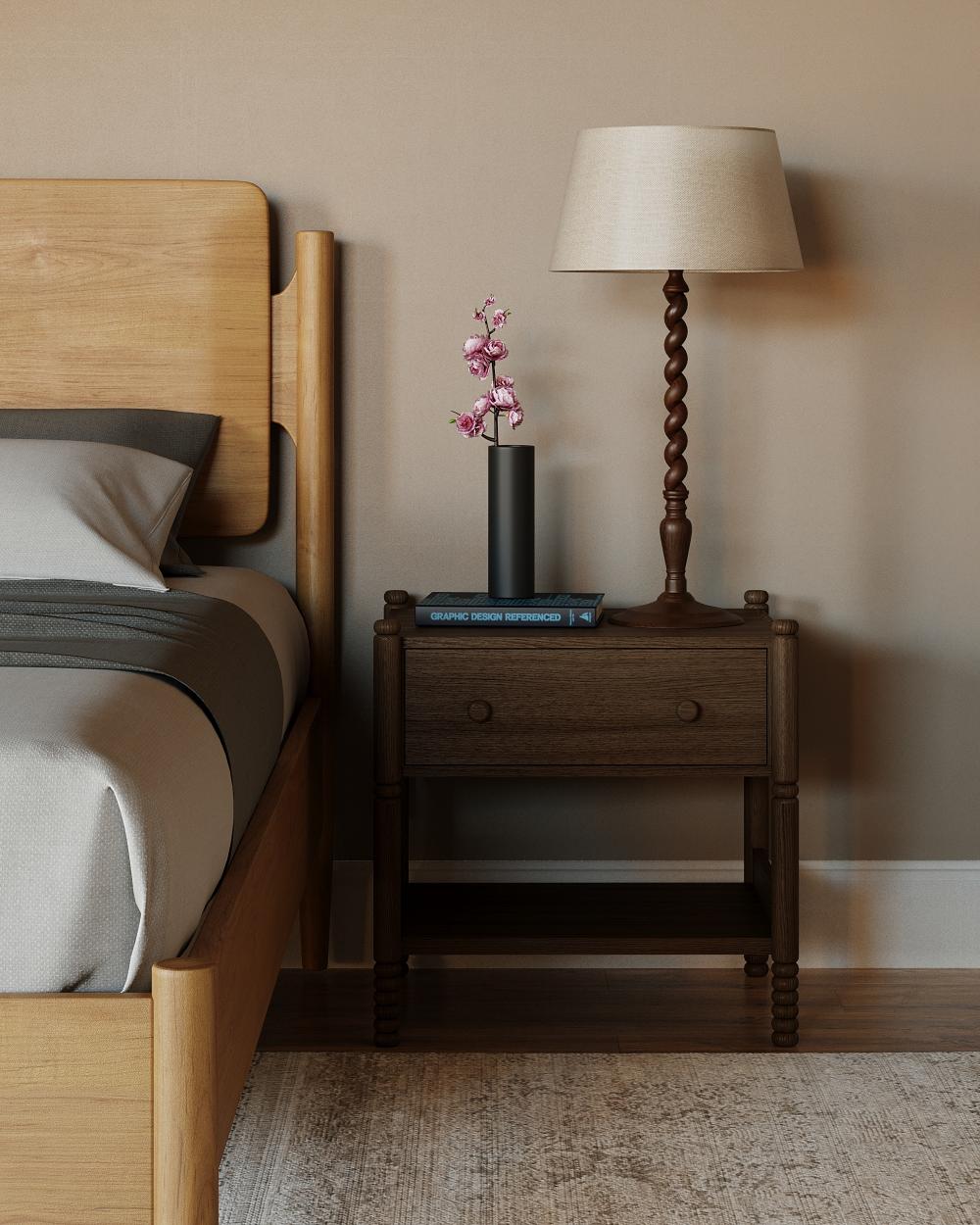 Brown Oak Wood Turned Leg Nightstand 22 inch