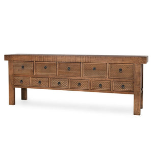 Brown Reclaimed Solid Pine Wood Primative Style Buffet Sideboard with Drawers 93 inch