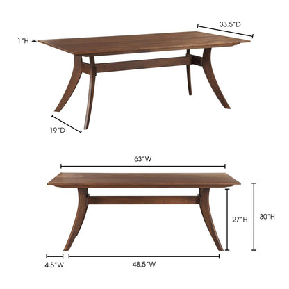 Brown Rectangular Dining Table Solid Walnut Wood 63 inch